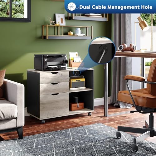 DEVAISE 3-Drawer Wood File Cabinet, Mobile Lateral Filing Cabinet, Printer Stand with Open Storage Shelves for Home Office, Greige - Image 3