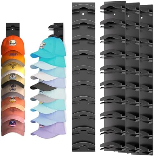 Hat Organizer for Baseball Caps 4Pack, Hat Rack for Wall with Strong Adhesive Hold up to 40 Hats, Hat Hanger Holder Display for Door Closet, Cap Organizer Storage Multilayer Two Mounting Option(Black) by Houoisheck
