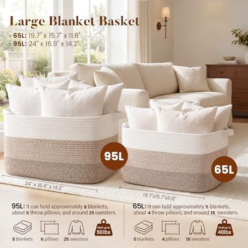 65L Large Woven Blanket Basket for Living Room, 19.7"x15.7"x11.8" - Image 3