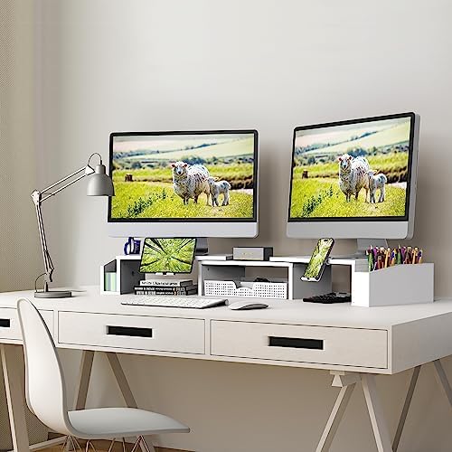 Simple Houseware Desk Dual Monitor Stand Riser with Drawer, White - Image 5