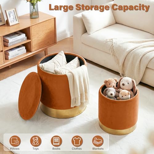 Round Ottoman with Storage Set of 2, Vanity Foot Stool with Storage, Nesting Upholstered Small Ottoman Foot Rest with Gold Plating Base for Room, Bedroom, Dorm, Orange Velvet Ottomans - Image 3