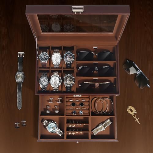 Jewelry Box for Men, 6 Slot Watch Box Jewelry Organizer With Drawer, Watch Case for Men with Large Window, 2-Layer Watch Holder, Sunglasses Storage Organizer, Velvet Lining, Fathers Day Gift - Image 6
