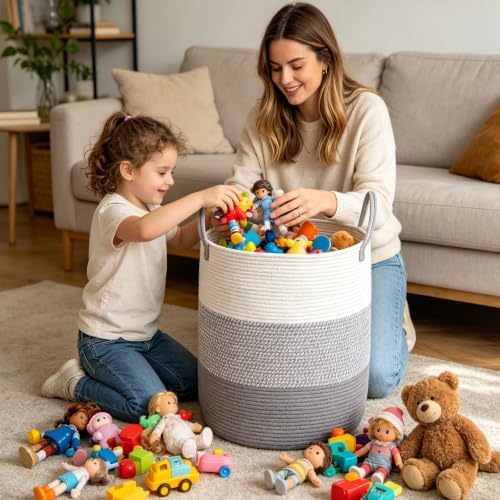 70L Woven Laundry Basket, Large Clothes Hamper with Handles- Grey - Image 4