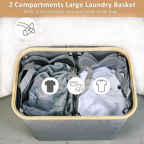 IEGrow Laundry Hamper with Lid,150L Laundry Basket with 2 Mesh Bags,Grey - Image 3