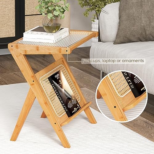 GIANTEX Rattan Side Table, Boho Nightstand with Glass Top & Magazine Rack, End Table with Storage, Bamboo Bedside Table for Small Space Living Room Bedroom (Natural,1) - Image 5