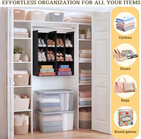 3 Tier Hanging Closet Organizer, 10 Compartments Dual Row Storage, Black - Image 6