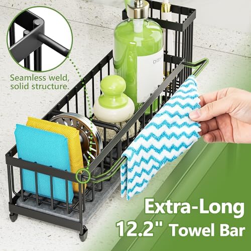 Cisily Large Sink Caddy Organizer with Towel Holder, Quick Dry Sponge Holder for Kitchen, Black Dish Brush Holder for Countertop, Kitchen Decor Storage and Essentials - Image 4