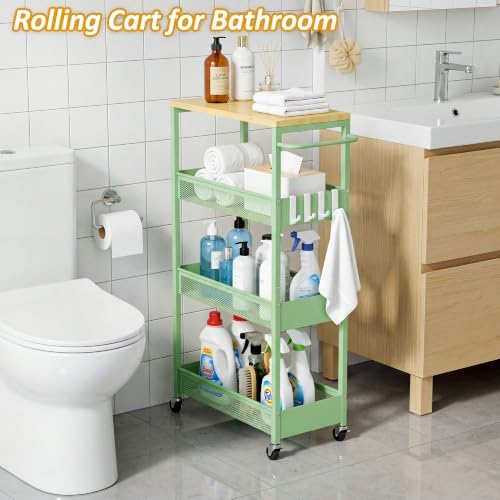 9.1" Wide Slim Rolling Utility Cart, 4 Tier Metal Narrow Storage Cart with Handle and Wood Top, Multifunctional Small Mobile Shelf Unit Organizer Trolley for Laundry, Bathroom, Kitchen - Image 5