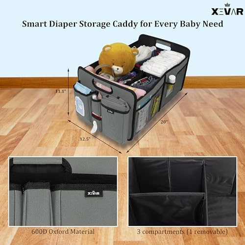 Baby Car Diaper Caddy Organizer with Changing Pad - Portable Car Caddy for Newborn Essentials, Diapers & Wipes, Perfect for Baby Shower and New Mom | Oxford Fabric, Grey - Image 3
