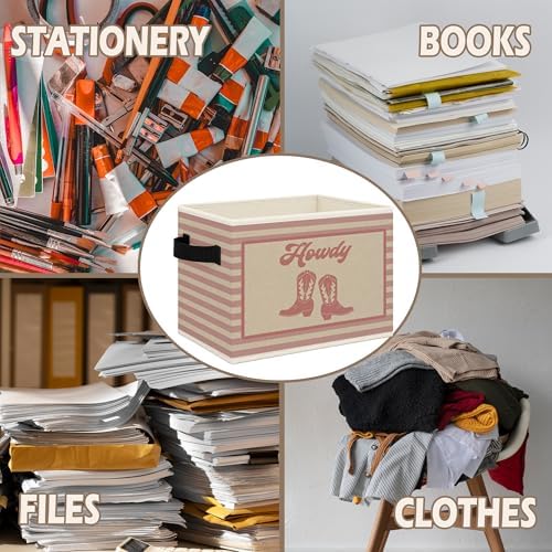 Pink Western Howdy Foldable Storage Bins Box with Handles, Cowgirl Boots Western Nursery Striped Collapsible Toys Books Clothes Organizer Basket for Girl Nursery Room Bedroom Bathroom - Image 6