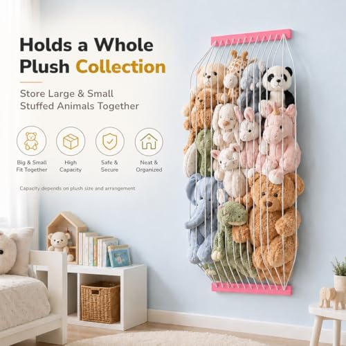 Stuffed Animal Storage Wooden Soft Toy Storage for Kids Room，Wall Mount Door Hanging Stuffed Animal Toy Organizer Shelf for Nursery Play Room Pink -Patent - Image 5