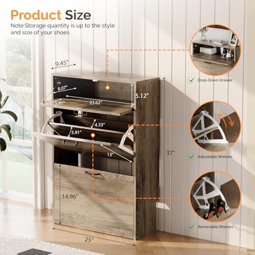 VINGLI Shoe Cabinet Storage for Entryway,Washed Grey Narrow Shoe Rack,25" W - Image 3