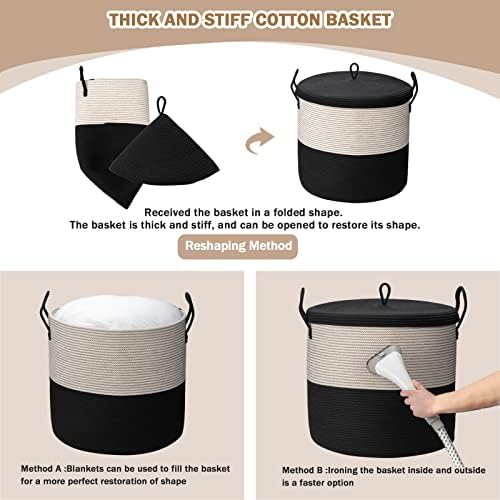 21" x 18"Extra Large storage baskets,Eco-friendly rope baskets with lid,blanket basket living room with lid,hampers for bedroom,big,round, Black 115L - Image 4