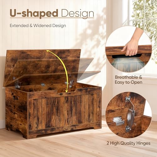 SUPER DEAL Storage Chest, 39 inches Chest Box Organizer with 2 Safety Hinges, Wooden Entryway Shoe Organizer Storage Bench, Rustic Brown - Image 4