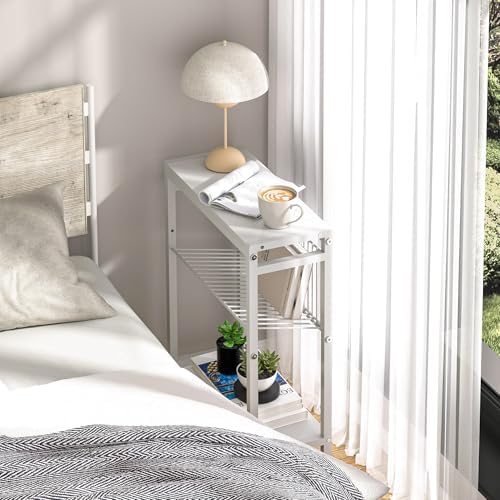 End Table for Small Space, 3-Tier Narrow Side Table with Magazine Holder,Small Nightstand, Skinny Snack Couch Table in Living Room, Bedroom Study and Balcony (White) - Image 6