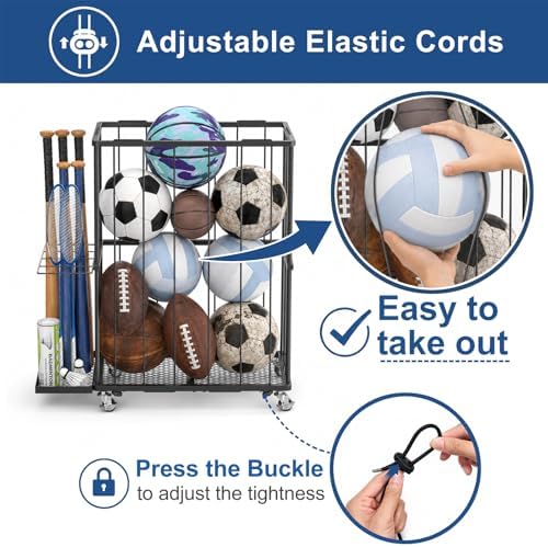 Ball Storage Rack with Side Bat Holder, Wheels, Garage Organizer - Image 4