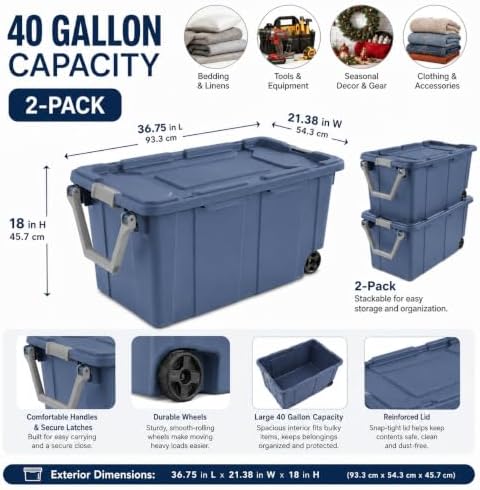 40 Gal Wheeled Storage Bin with Latching Lid 2-Pack,Blue - Image 4