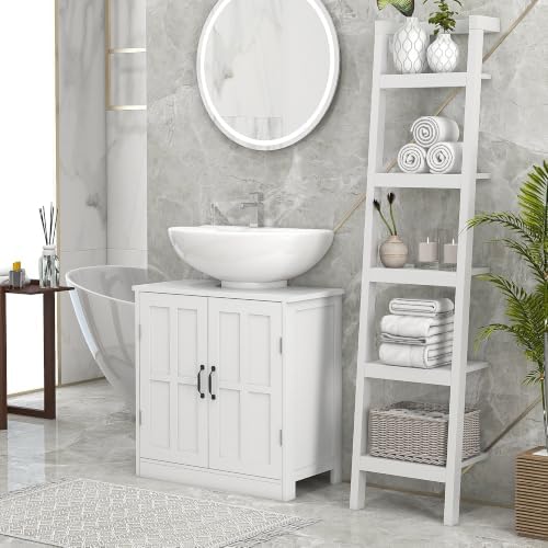 kleankin Pedestal Sink Storage Cabinet Under Sink Cabinet 2 Doors White - Image 2