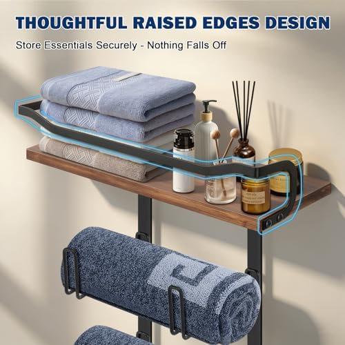 NearMoon Towel Rack with Wooden Shelf, All Metal Rustproof Towel Organizer Holder for Bathroom Storage, Wall Mounted (1 Pack, Matte Black) - Image 3