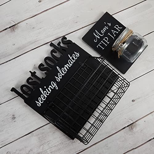 Lost Socks Rustic Wooden Laundry Sign Wall Decor With Attached Basket And Mom Tip Jar - Housewarming Gift Decor - Black by EVA+murmure