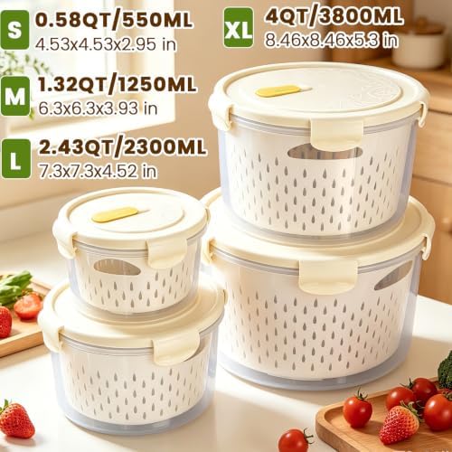 8 Pieces Airtight Fruit Storage Containers for Fridge with Air Circulation Vent, 4 Pack Round Produce Saver with Colander for Berry Lettuce Salad Vegetable Storage, Refrigerator Organizers -White - Image 3