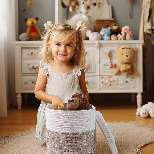 Lidded Storage Basket, Medium Brown & White Cotton Rope Basket - Image 5