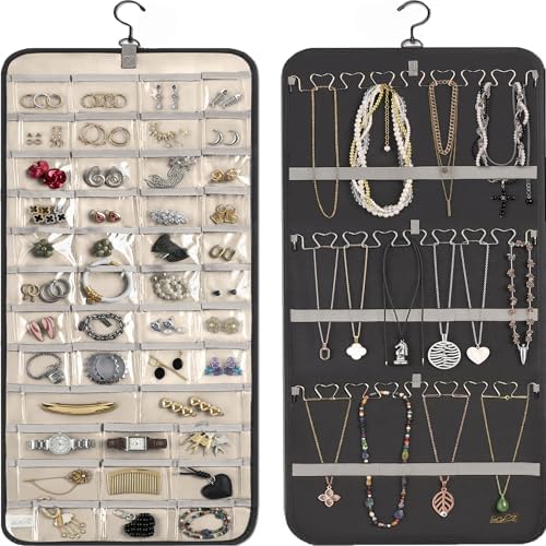 Hanging Jewelry Organizer Storage with Hanger Metal Hooks Double-Sided Jewelry Holder- Wall Mount Holder for Earrings, Necklaces, Rings on Closet, Wall, Door, 1 piece, Large, Charcoal Black by SoCalButtercup