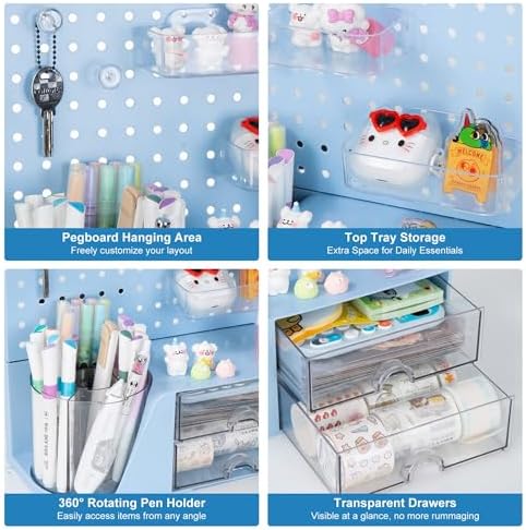 Comix Desk Organizer with 2 Drawer, Blue 360° Rotating Pen Holder for Desk - Image 4