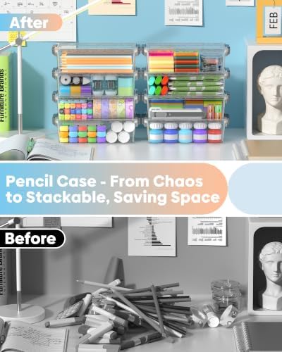 BiuLeon 8 Pack Large Pencil Box Set, Plastic Clear Pencil Case Marker Organizer, Crayon Box Craft Organizers, Stackable Storage Containers with Lid for Pen, Art and Craft Supplies(Grey) - Image 6