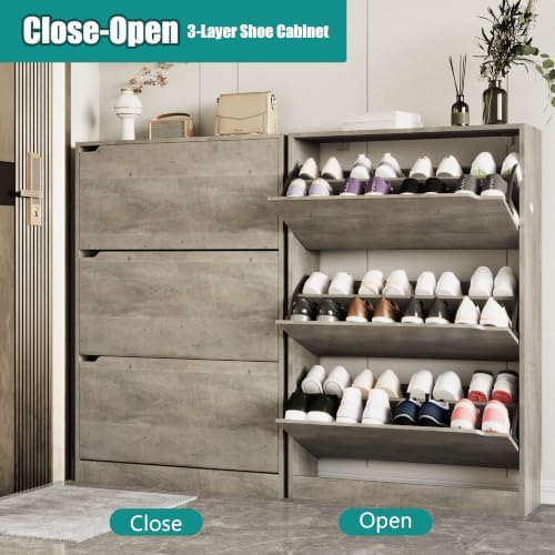 Xixini Shoe Storage Cabinet for Entryway with 3 Flip Drawers, Sturdy Wood Hidden Shoe Storage, Freestanding Narrow Slim Shoe Organizer for Front Door Entrance, Living Room, Hallway, Bedroom, Grey - Image 3