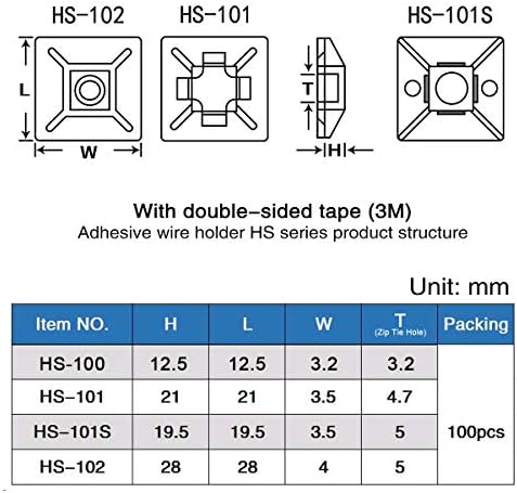XHF 200 PCS 1/2" Black Self Adhesive Cable Zip Tie Mounts Wire Cable Clips Holders Management Anchors Organizer Holders Squares(HS-100) (Pack of 2) - Image 2