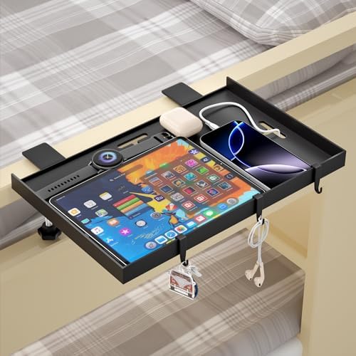 Foldable Bedside Shelf, Metal Clip-On Bed Tray Table for Bunk Bed & Dorm Beds, Dorm Room Essentials Organizer for College Students, Floating Tray, Space Saving Nightstand for Loft Beds (Black, Large) by Edudif