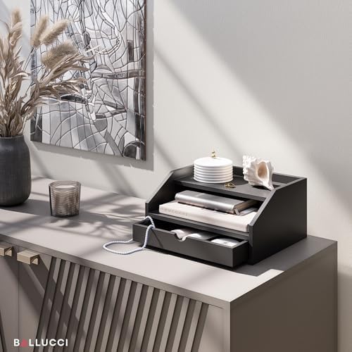 Ballucci Desk Organizer with Drawer, 2 Tier Paper Office Supplies Desk Organizer, 13 2/5" x 9 3/5" x 6", Black - Image 4