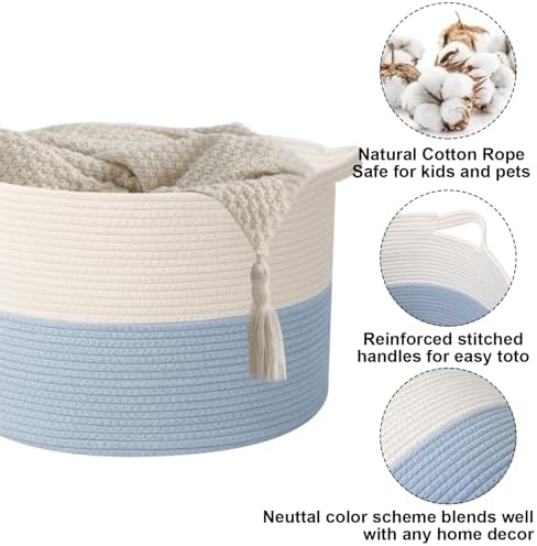 90L Large Blanket Basket,Woven Laundry Basket-White&Blue - Image 3