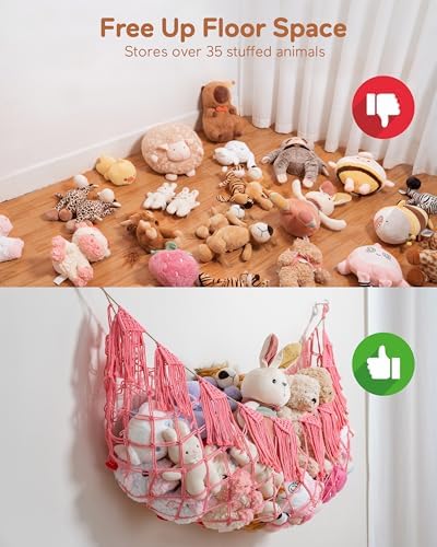 Boho Stuffed Animal Hammock, Falt Wall or Corner Hanging, Pink, XL - Image 5