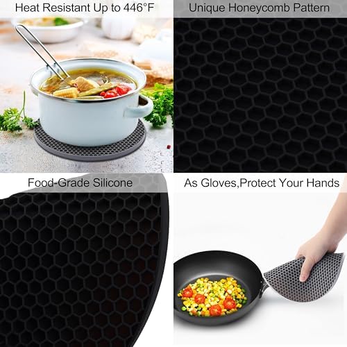 4 Pack Silicone Trivets for Hot Pots and Pans, Pot Holders Hot Pads, Non-Slip & Heat Resistant Silicone Mats for Kitchen Counter, Soft Durable Drying Mat, Jar Opener and Coasters (2 Black+2 Dark Grey) - Image 3