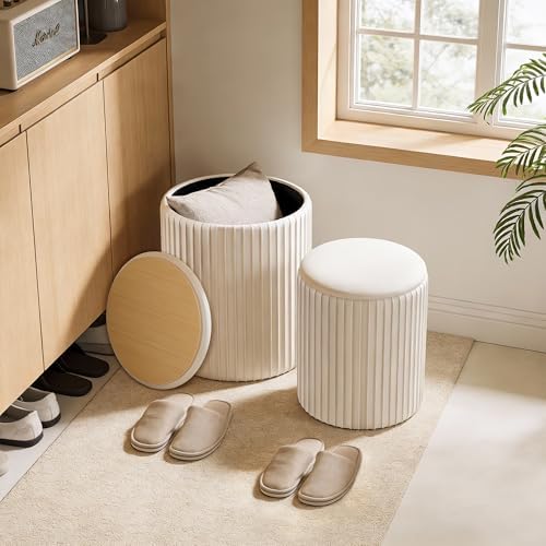 DUMOS Round Ottomans with Storage, Vanity Stool, Foot Stool, Set of 2 - Image 2