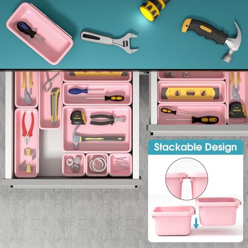 25 PCS Drawer Organizer Set, 4 Size Makeup Drawer Divider Organizer With Non-Slip Pads, Interlocking Plastic Storage Bins for Office,Jewelry Vanity,Gadgets, Bathroom,Kitchen, Pink - Image 5
