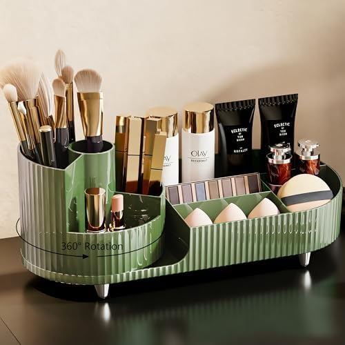 Rotating Makeup Organizer for Vanity with Brush Holder, Cosmetic Makeup Storage Organizer, Large Spinning Makeup Skincare Organizer, Countertop Makeup Perfume Organizer, Lotions Display Case Green by COMFYROOM