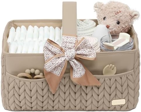 Luxurious Baby Diaper Caddy, Nursery Storage Basket for Newborn Essentials, Travel Baby Basket for Diapers Baby Wipes, Organizer Tote Bag Storage Bin, Baby Shower Gifts(Beige) by LUKJOJO