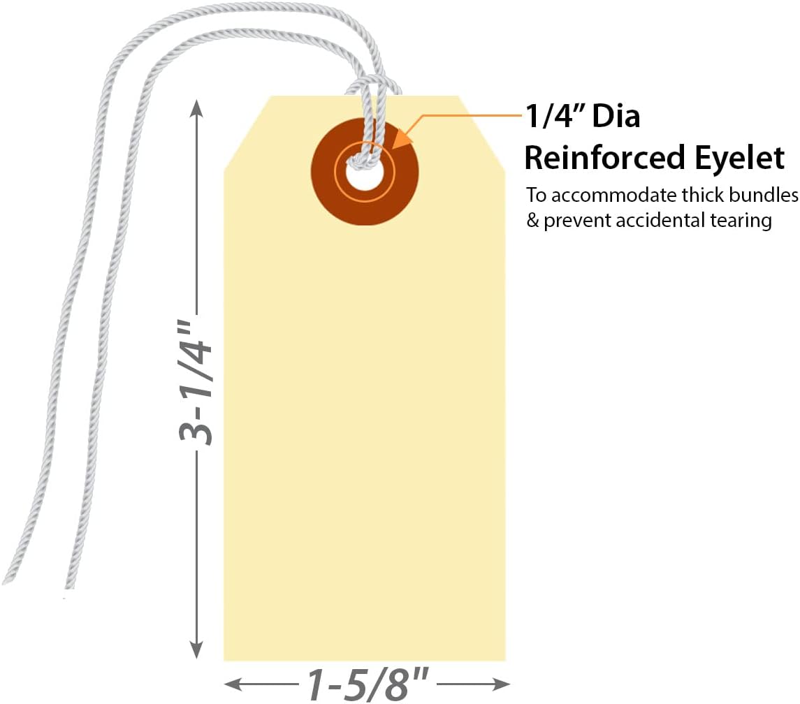 SmartSign Blank Shipping Tags with Pre-attached Loop Strings, Size-2, Pack of 1000, 10pt thick Manila Cardstock Tag, 3.25 x 1.625 inch Paper Hang Tags with Reinforced Fiber Patch