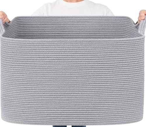 Goodpick 105L Extra Large Woven Rope Blanket Basket, Rectangle, Gray by Goodpick