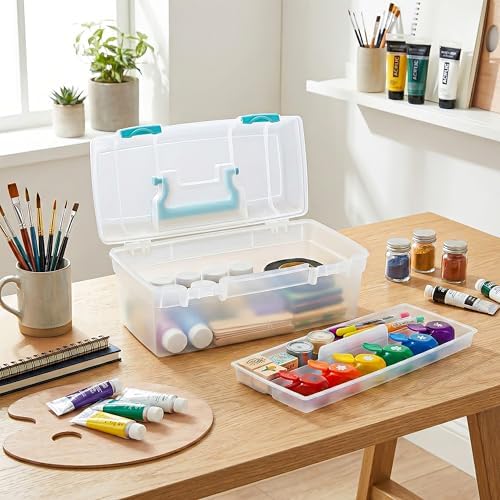 ArtBin Essentials Lift-Out Tray Craft Box with Handle, Clear/Aqua - Image 2