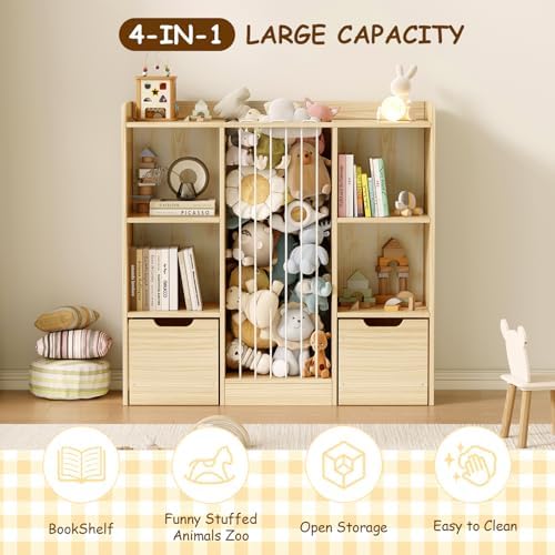 Toy Storage Organizer with Stuffed Animal Storage, Solid Pine Wooden Toy Organizer & Stuffed Animal Zoo, 4 Cubes Shelf with 2 Movable Drawers, 4 -in-1 Book Shelf for Kids Room, Playroom, Nursery - Image 3