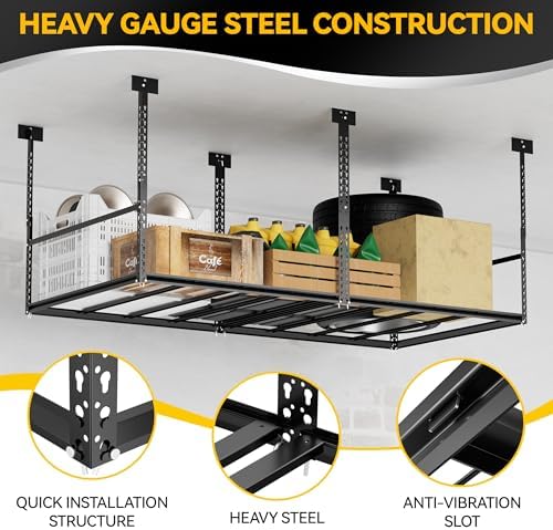 4x8 Ft Overhead Garage Storage Rack, 28-41 inch Height Adjustable Ceiling Mounted Organization Rack, 750 lbs Weight Capacity, 48"x96" Metal Rack for Garage Storage with Hanging Rods - Image 2