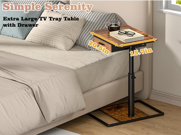 Simple Serenity Extra Large TV Tray Table with Drawer, Adjustable Height & 180° Swivel Top, C‑Shaped End Table for Eating on Couch, Sofa Side Table for Living Room, Bedroom and Small Spaces - Image 3