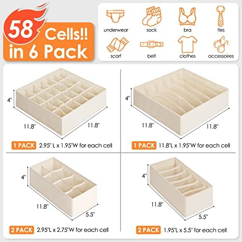 Criusia 6 Pack Sock Underwear Drawer Organizer Dividers, 58 Cell Foldable Fabric Dresser Closet Organizers and Storage Bins for Clothing, Baby Clothes, Bra, Panty, Scarf, Ties (Beige) - Image 4