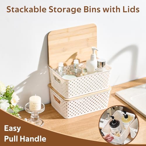 8 Pack Plastic Storage Bins with Bamboo Lids - Stackable Storage Baskets with Handle for Pantry Organizer and Storage, Plastic Containers Bins Lidded Storage Bins for Classroom Office Shelves - Image 4