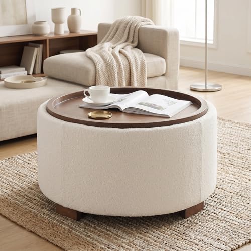 Zihanhome 30 Inch Round Storage Ottoman, Ottoman Coffee Table with Lift Off Lid, Boucle Modern Ottomans with Storage for Living Room, Bedroom, Apartments (Beige) by Zihanhome