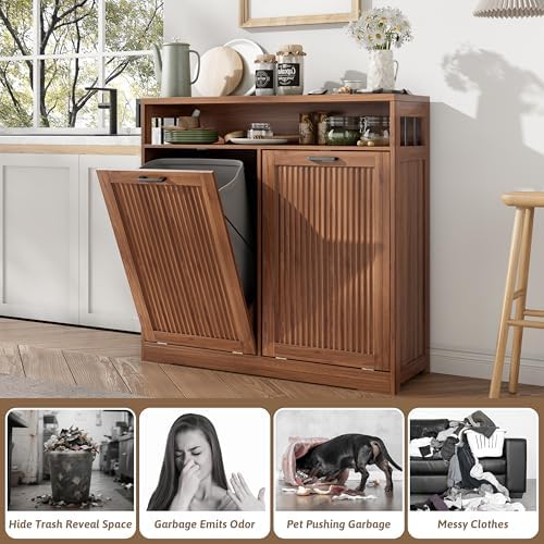 Pet-Proof Double 13 Gallon Tilt Out Trash Can Cabinet with Open Storage – Hide Garbage & Recycling Bins to Keep Your Kitchen Clean and Organized,Walnut - Image 6